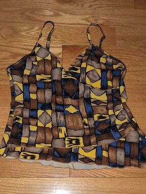 Womens Geometric Print Cami Tankimi Top - Yellow Brown Blue